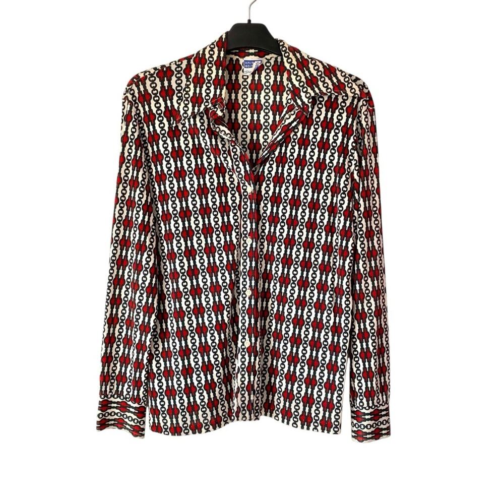 Vintage 70s Knit Editions Ship’n Shore Chain Green Red Button Down Shirt large - Picture 1 of 5